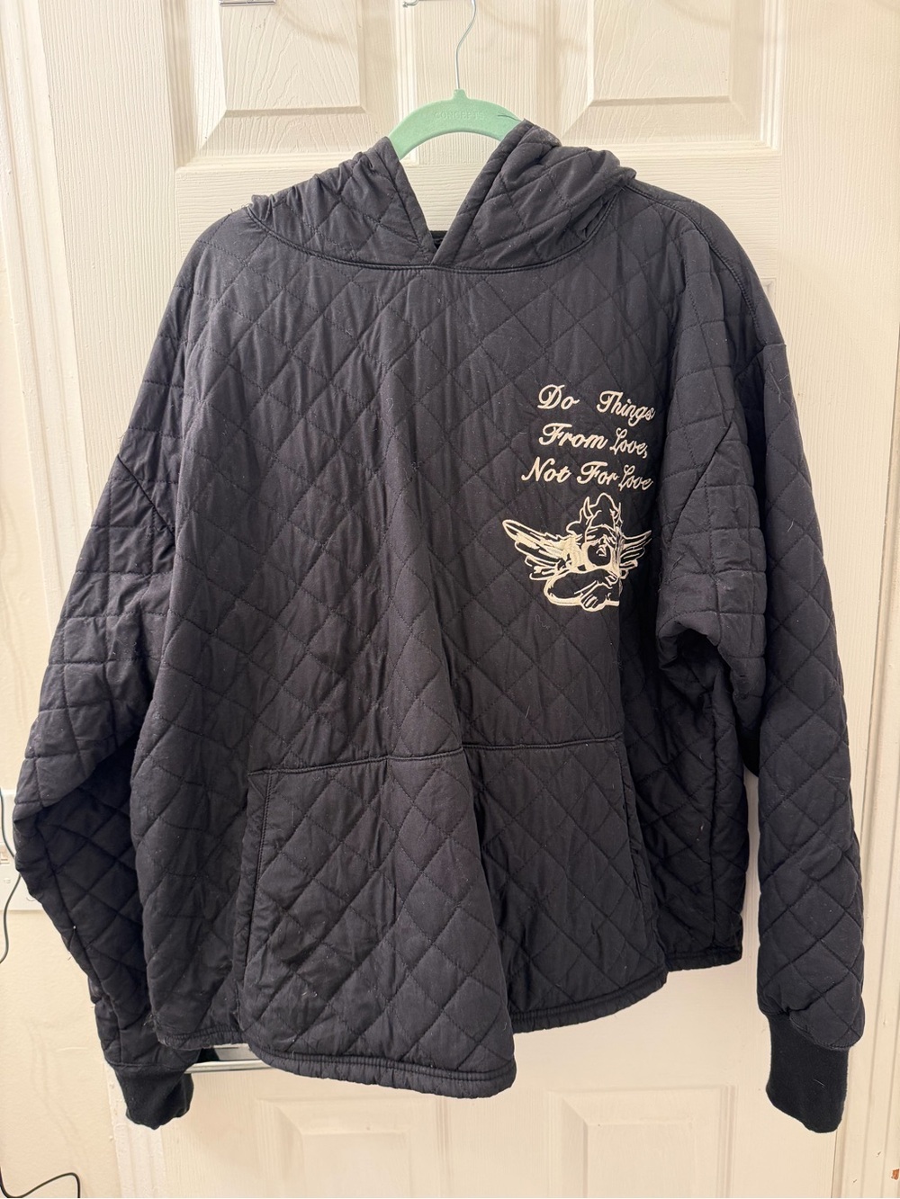 Boys Lie Set Black Quilted Hoodie + Sweatpants with Cream Wing Graphic